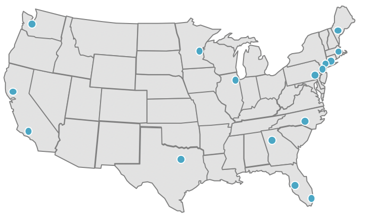 Map of United States with dots indicating GC Access offices.