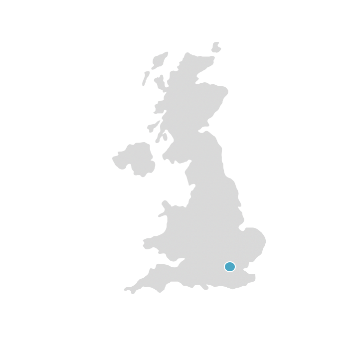 Map of England with dot indicating office that covers International