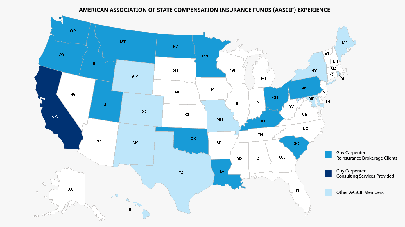 Map of United States with states highlighted in different shades of blue that reflect Reinsurance Brokerage Clients, Consulting Services Provided and Other AASCIP Members