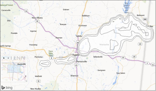 Tupelo, MS possible storm path (radar estimated). The storm produced an EF-3 tornado (NWS).
