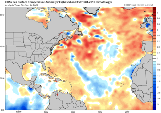 Sea surface temperatures remain at elevated levels across much of the Atlantic Basin, while cooler waters off the west cost of South America highlight the building La Nina event possible for the second half of the hurricane season. Source: Tropical Tidbits.