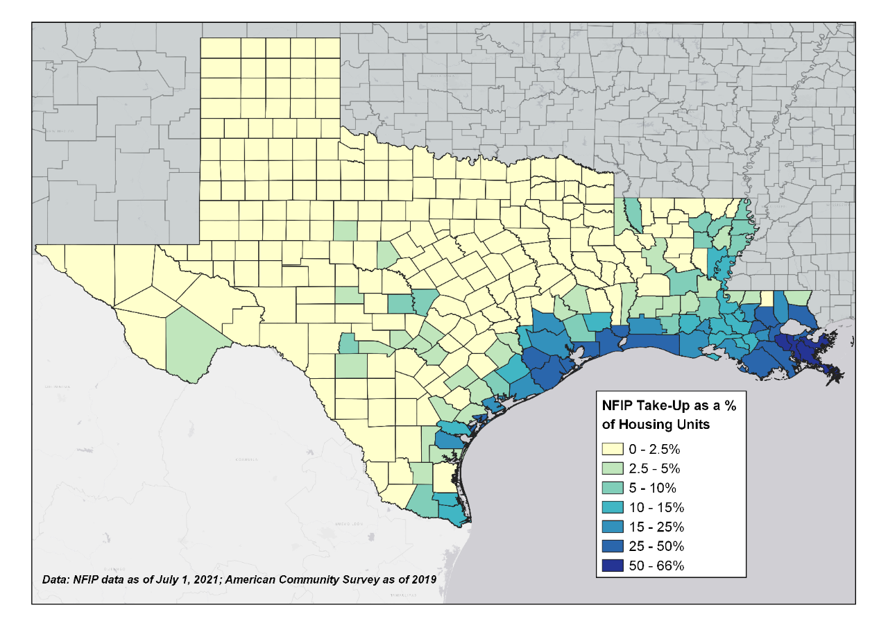 NFIP take-up rates as a percentage of housing units by county.  Source: FEMA, ACS, Guy Carpenter.