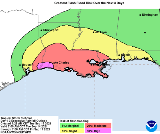 Ongoing flash flood risk associated with Nicholas on the Texas/Louisiana Gulf Coast. Source: NWS Houston.