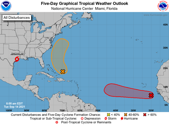Tropical disturbances being monitored for potential named storm formation in the next five days.  Source: NOAA/NHC.