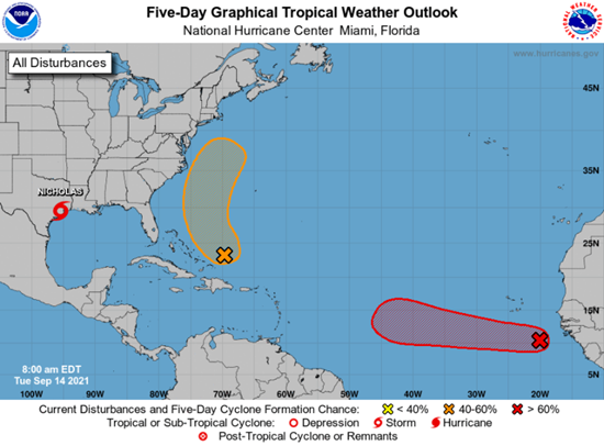 Tropical disturbances being monitored for potential named storm formation in the next five days. Source: NOAA/NHC.