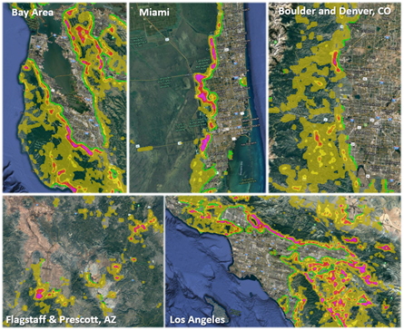 Areas of significant housing density at risk of large wildfires (Source: Guy Carpenter Urban Conflagration Index)