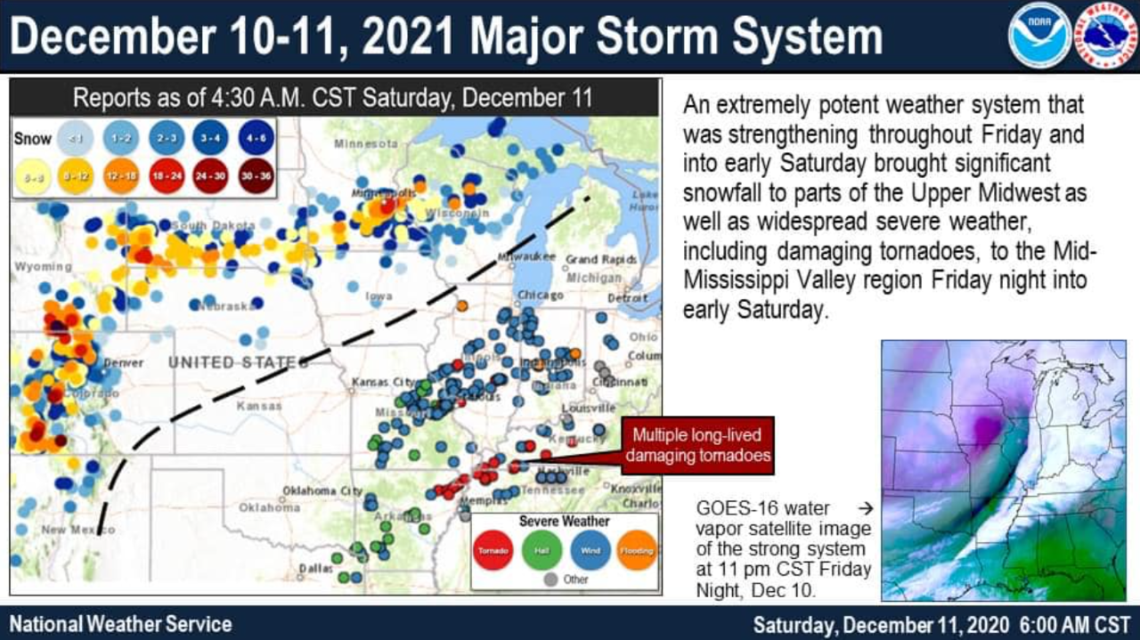 Figure 1. Severe weather and snowfall reports associated with the December 10-11, 2021 storm system. 
