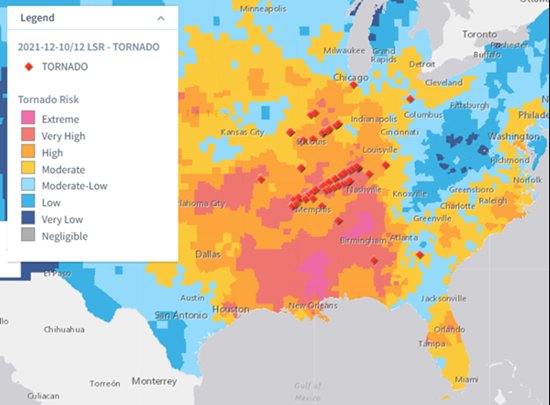 Figure 3. Guy Carpenter Severe Thunderstorm Risk Magnitude Index (SToRMi) for the sub-peril of tornado, with tornado reports from December 10-11, 2021 overlaid in red diamonds. Source: Guy Carpenter, NOAA Storm Prediction Center