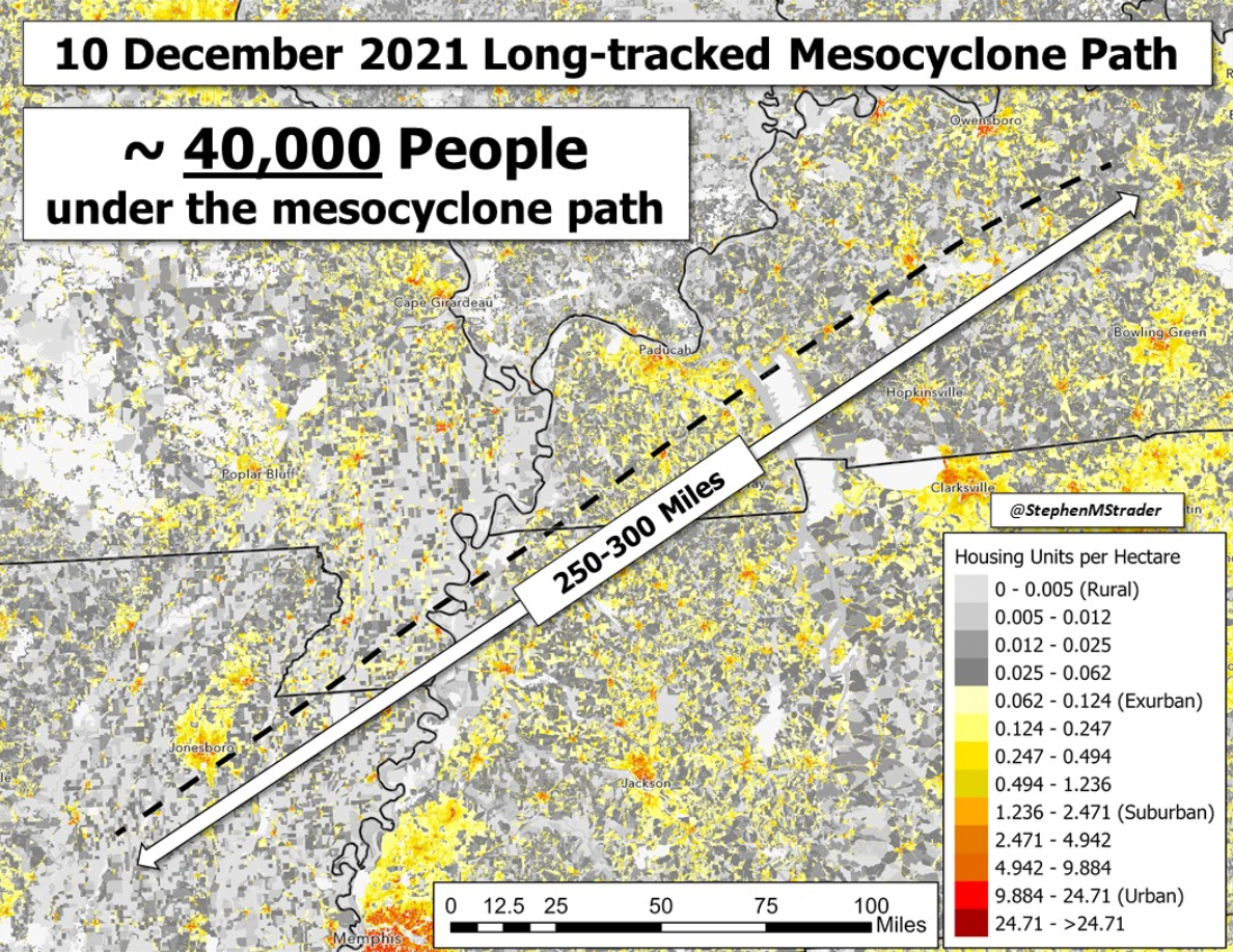 Figure 5. Population count exposed to the long-track tornado of December 10, 2021. Source: Dr. Stephen Strader, Villanova University