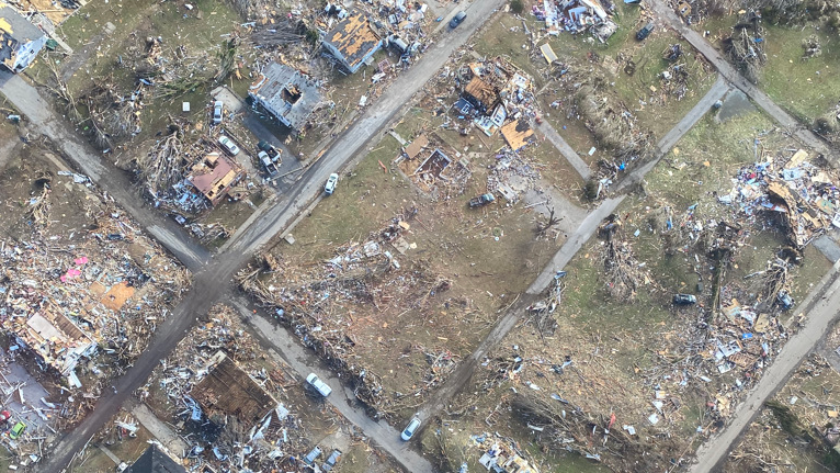 Figure 2. Aerial imagery of violent EF-3 or higher tornado damage in Mayfield, KY (top) and Bowling Green, KY (bottom). Source: National Weather Service