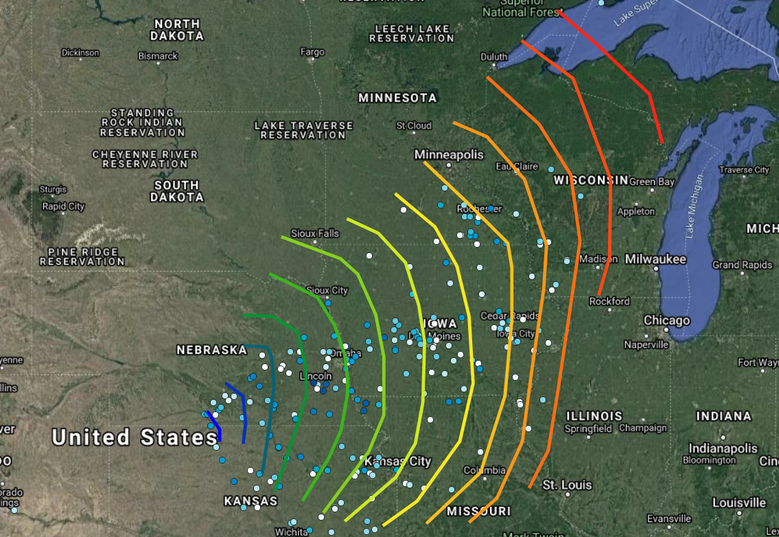 Timeline of the severe weather outbreak from initiation at noon CST on December 15th in dark blue to decay of the activity in red at midnight CST December 16. Source: Guy Carpenter, SPC.