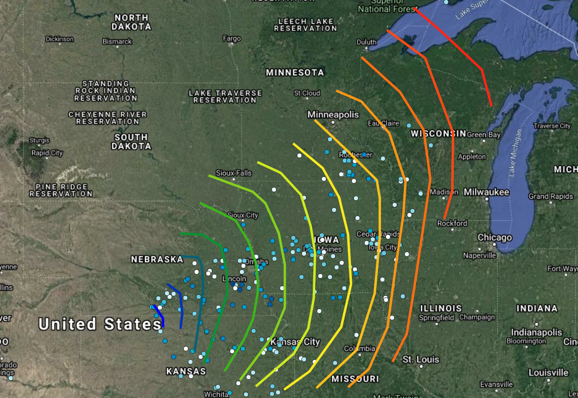 Timeline of the severe weather outbreak from initiation at noon CST on December 15th in dark blue to decay of the activity in red at midnight CST December 16.  Source: Guy Carpenter, SPC.