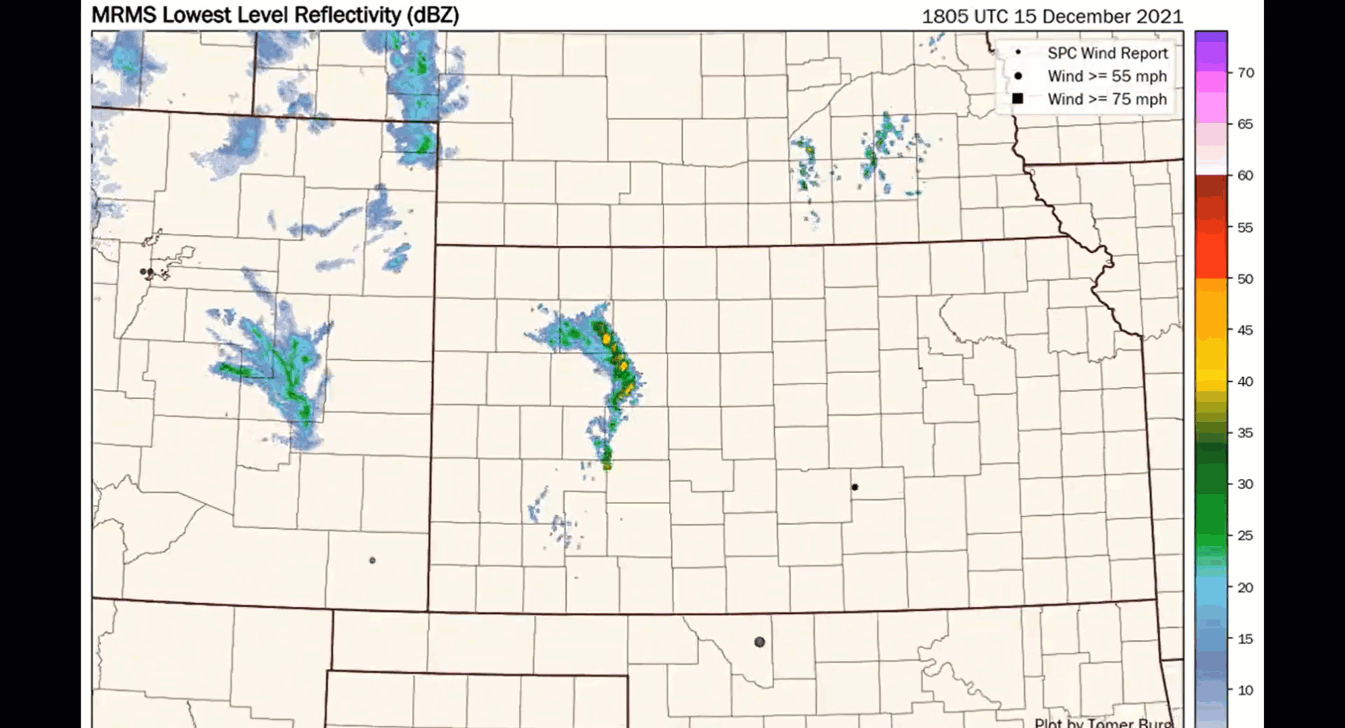 Radar animation of the severe weather outbreak along with wind reports in excess of 55 and 75 mph (click image for animation). Source: Tomer Burg, University of Oklahoma.