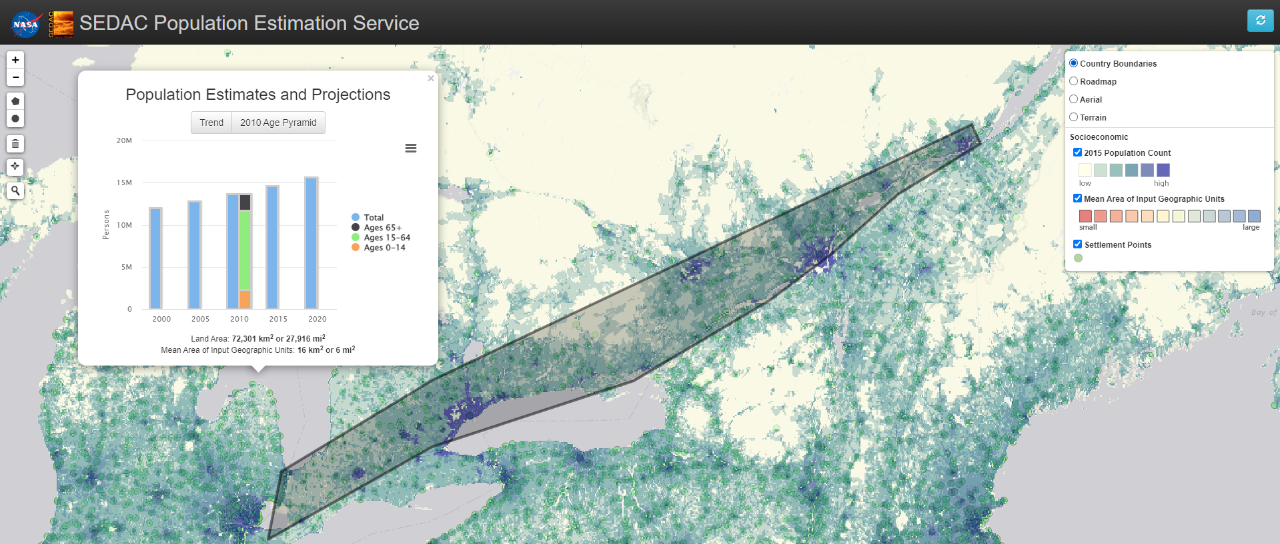 Population demographics over time in path of the Ontario/Ottawa derecho.  Source: NASA / Columbia University