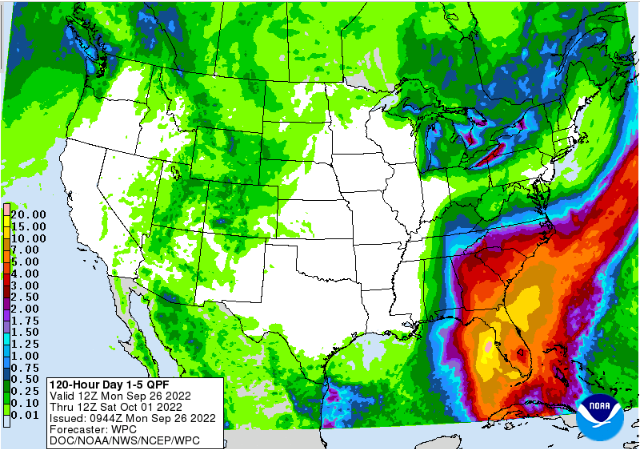 120 hour precipitation forecast. Source: NOAA/NWS/WPC.