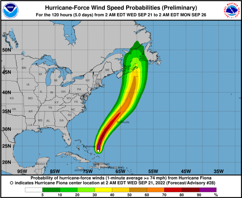 NHC probability of hurricane force sustained winds from Fiona, with less than a 25% likelihood of occurrence for Bermuda as the hurricane tracks west of the island on Thursday. Probabilities for Canada are likely to increase as the time until landfall diminishes. Source: National Hurricane Center.