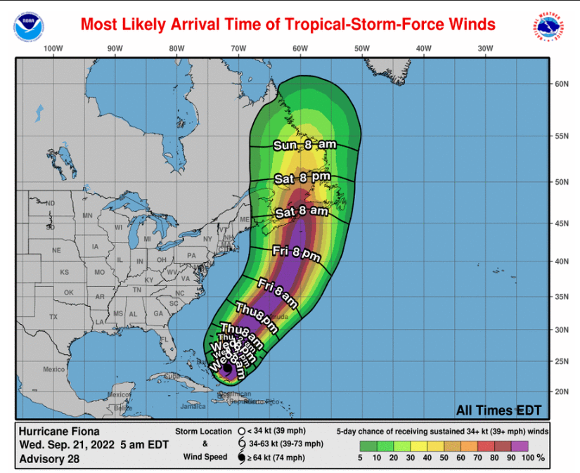 Most likely arrival (contoured) and probability (shaded) of tropical storm force winds in the next five days. Source: National Hurricane Center.