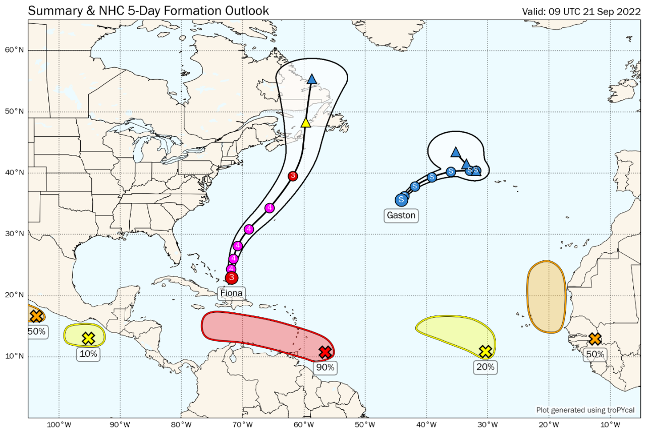 Current Atlantic basin activity as of Wednesday, September 21, 2022. Source: Tomer Burg, Polar Weather.