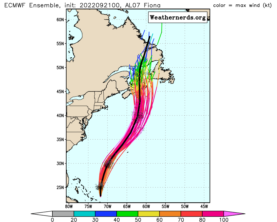 European ensemble track and intensity forecast for Fiona, indicating growing confidence of significant impacts for Atlantic Canada this weekend. Source: Weathernerds.org.