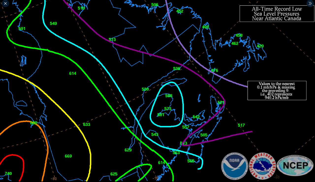 All-time low pressure records across eastern Canada, in millibars of pressure (the leading nine has been excluded, thus a reading 565 indicates 956.5 mb). The all-time record low pressure reading for all of Canada of 940.2mb is at risk of being eclipsed by Fiona this coming weekend. Source: NCEP/WPC/David Roth.