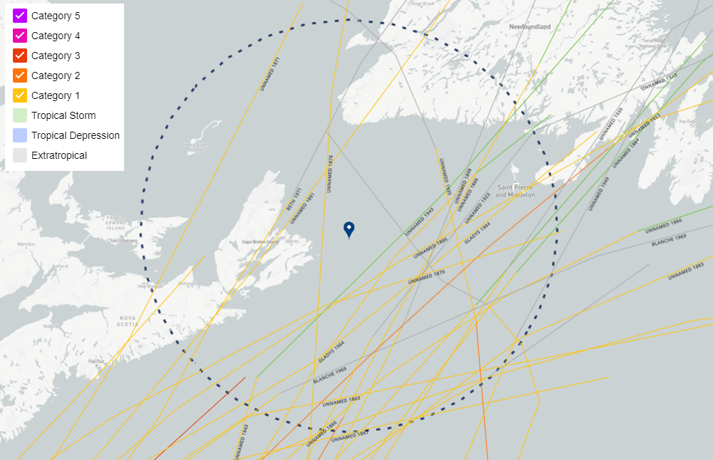 Hurricanes within 150 miles of eastern Nova Scotia that retained category-1 or stronger tropical status. The last event was Hurricane Beth in 1971. The last storm of category-3 status was Hurricane Able in 1950. Only two hurricanes have taken a similar track to the forecast of Fiona heading due north: a category-1 hurricane in 1878 and in 1935. Once hurricanes are declared extratropical, data is incomplete regarding intensities relative to the Saffir-Simpson scale. Source: NOAA Office of Coastal Management.
