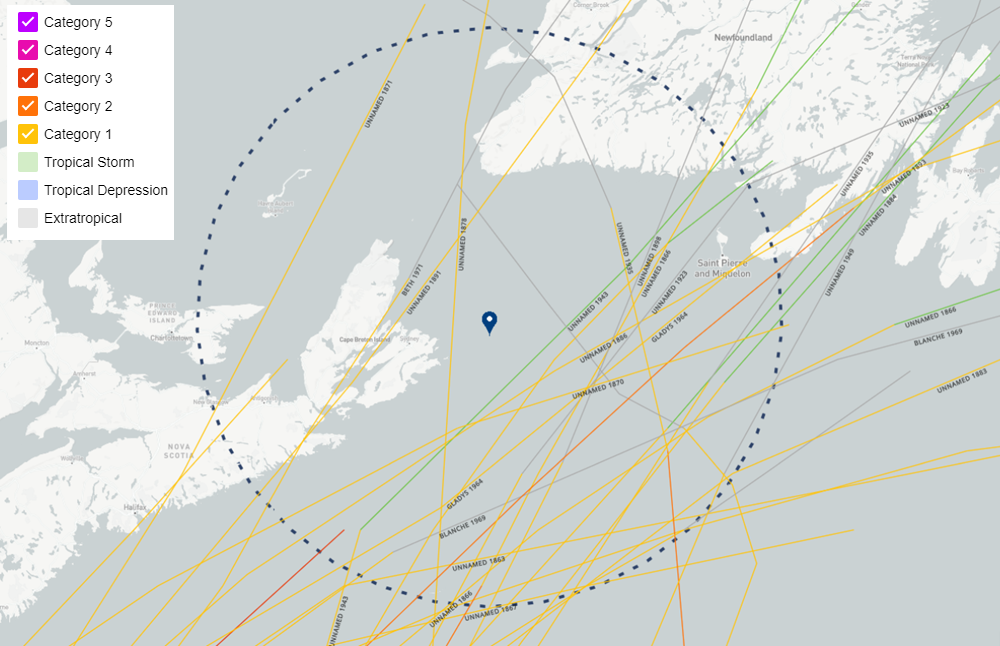 Hurricanes within 150 miles of eastern Nova Scotia that retained category-1 or stronger tropical status.  The last event was Hurricane Beth in 1971. The last storm of category-3 status was Hurricane Able in 1950. Only two hurricanes have taken a similar track to the forecast of Fiona heading due north: a category-1 hurricane in 1878 and in 1935. Once hurricanes are declared extratropical, data is incomplete regarding intensities relative to the Saffir-Simpson scale.   Source: NOAA Office of Coastal Management.