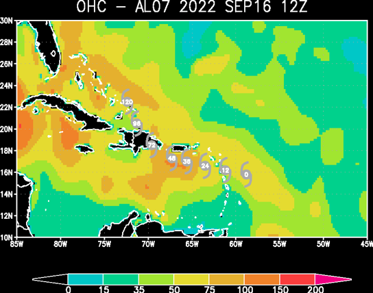 Ocean heat content, indicating the amount of fuel available for storm strengthening. Fiona's track south of the Greater Antilles until the Dominican Republic results in opportunity for further organization before crossing Hispaniola.  Source: RSMAS / University of Miami.