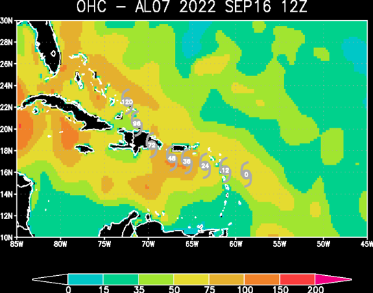 Ocean heat content, indicating the amount of fuel available for storm strengthening. Fiona's track south of the Greater Antilles until the Dominican Republic results in opportunity for further organization before crossing Hispaniola. Source: RSMAS / University of Miami.