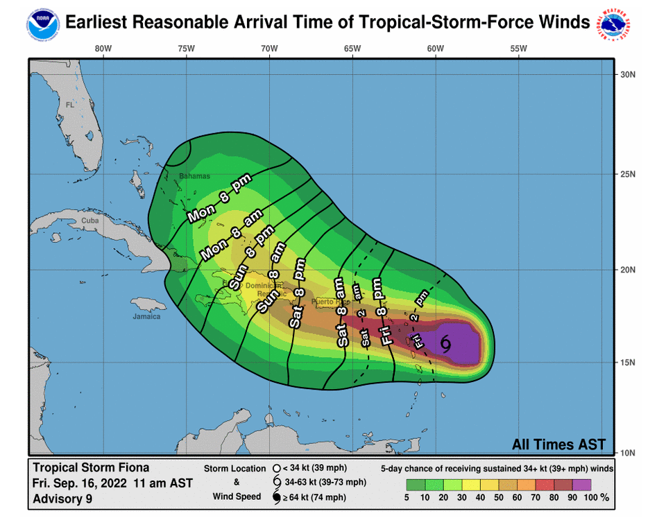 Earliest reasonable timing of tropical storm force winds, along with shaded probabilities of exceeding 39 mph sustained winds over a five day period.  Source: NOAA/NHC.