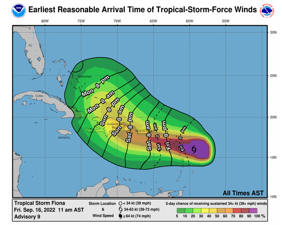 Earliest reasonable timing of tropical storm force winds, along with shaded probabilities of exceeding 39 mph sustained winds over a five day period. Source: NOAA/NHC.