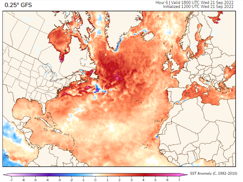 Sea surface temperatures south of Atlantic Canada are running in excess of 5 degrees Celsius (9 degrees Fahrenheit) above average. Source: Polar Weather.