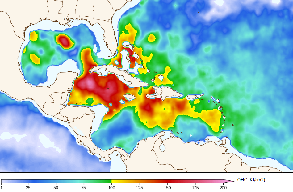 Ocean heat content in the Caribbean and Gulf of Mexico. Source: Polar Weather / Tomer Burg.