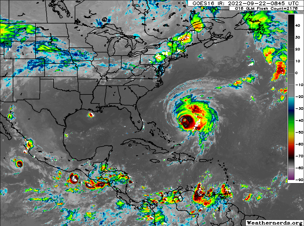 Animated satellite showing Fiona's close approach to Bermuda, the eastern US cold front that will cause Fiona to transition over eastern Canada, and the tropical disturbance  east of Trinidad and Tobago (click image if not animating). Source: Weathernerds.org. 