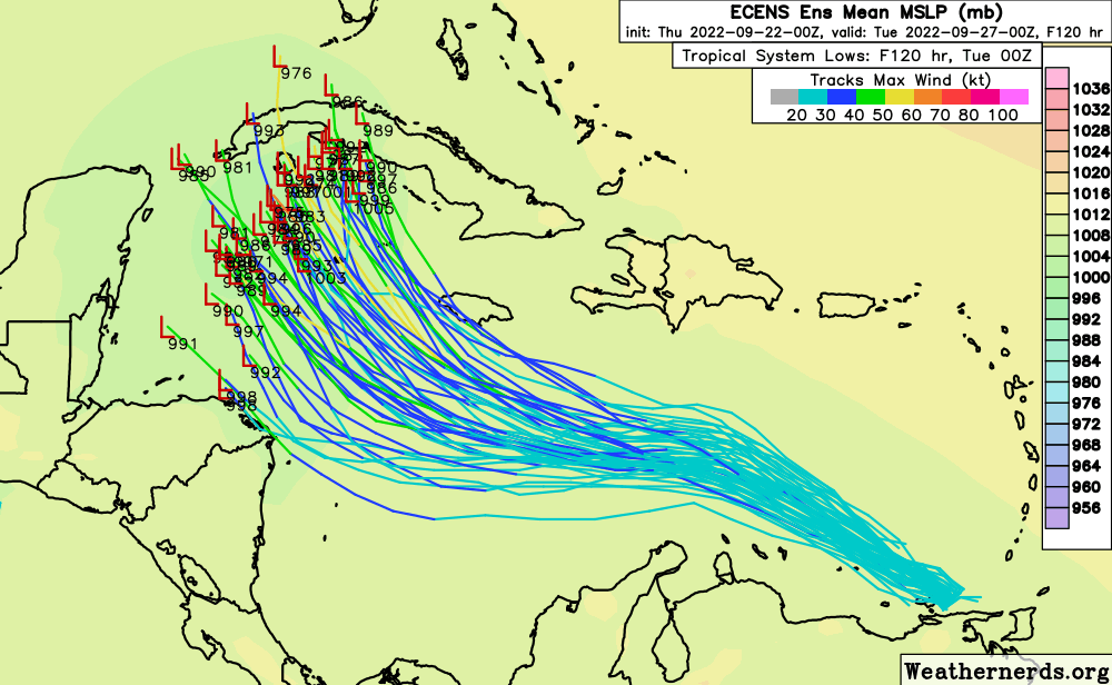 Five day track forecast for the Caribbean disturbance from the European ensemble models. Source: Weathernerds.org