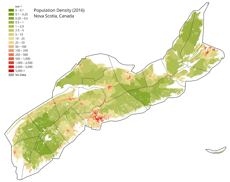 Population density map of Nova Scotia; with an anticipated landfall over eastern Nova Scotia, the core of highest winds will be east of the largest Atlantic Canada population center of Halifax, NS.  Source: Environment Canada. 