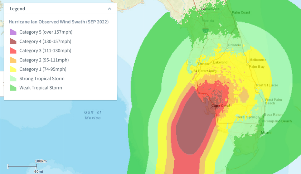 Observed Wind Footprint. Note the large extent of tropical storm force winds and also the extent of severe hurricane winds in and around Charlotte County. Source: GC AdvantagePoint, Kinetic Analysis Corporation.