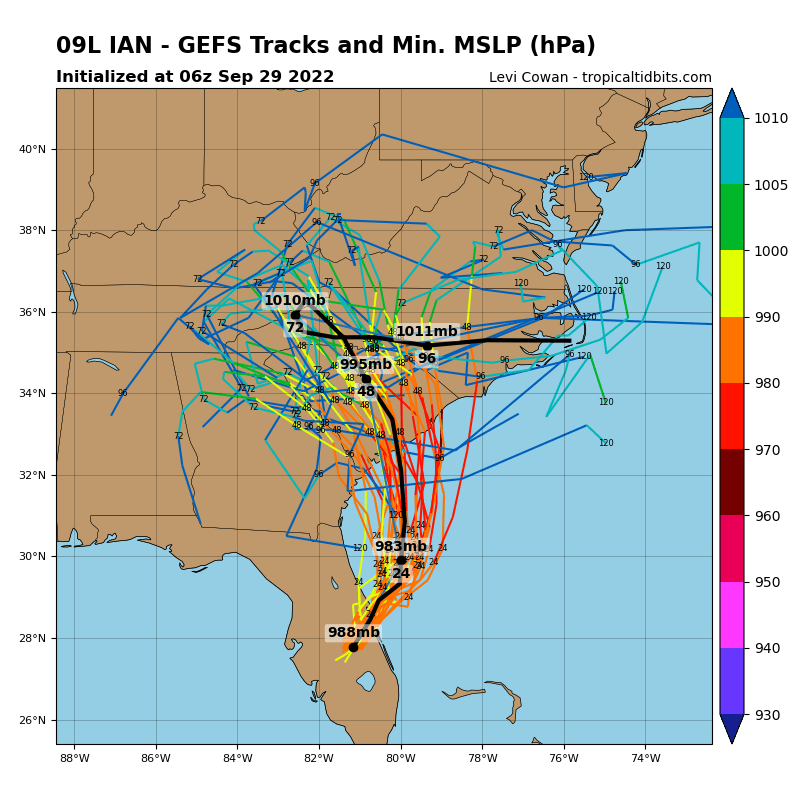 Ian Model Track Guidance. Note spread in scenarios from the same model (GEFS). Source: Tropical Tidbits