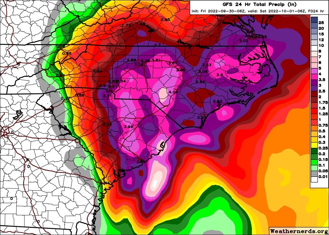 Model Forecast 24-Hour Precipitation Amounts (GFS). Source: Weathernerds.org.