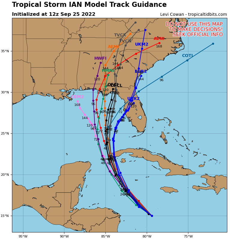 Weather model track scenarios. Note the spread in track scenarios for 96-120 hours and lower forecast confidence than usual. Source: TropicalTidbits.com.