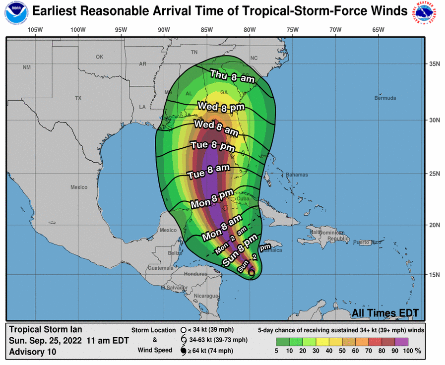 Tropical-Storm-Force winds probability (shaded) and earliest reasonable arrival time (contours). Source: NOAA/NHC.
