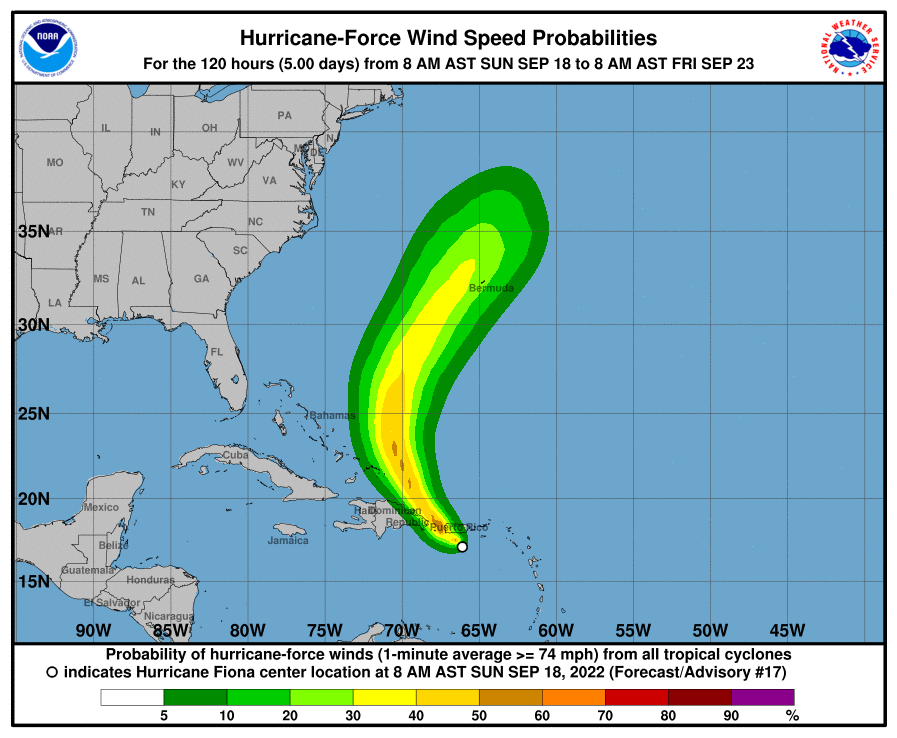 Probability of hurricane force wind conditions for the next five days. Source: NOAA/NHC.