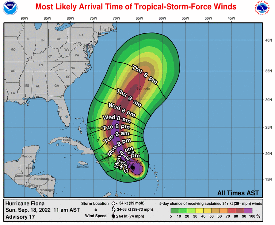 Most likely arrival time (contours) and probability (shaded) of tropical storm force wind conditions for the next five days. Source: NOAA/NHC.