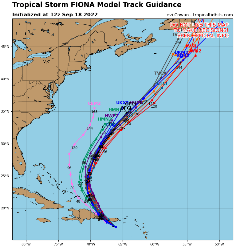 Model track forecasts. Note the clear consensus in track scenarios through mid-week, and potential Atlantic-Canada scenarios (with some uncertainty) by late-week into next weekend. Source: TropicalTidbits.com. 