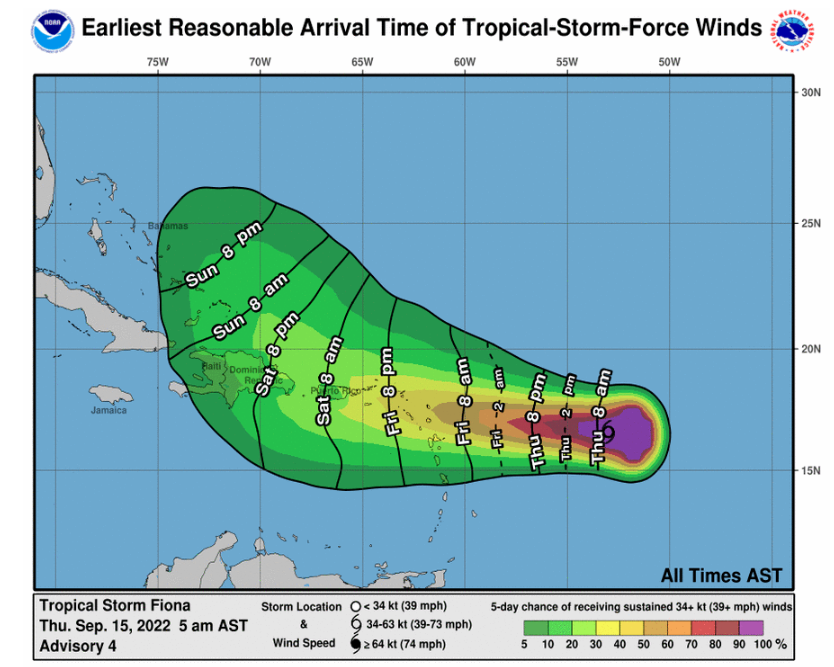 Earliest Reasonable Arrival Time of Tropical Storm Force Winds over the Next Five Days . Source: National Hurricane Center.