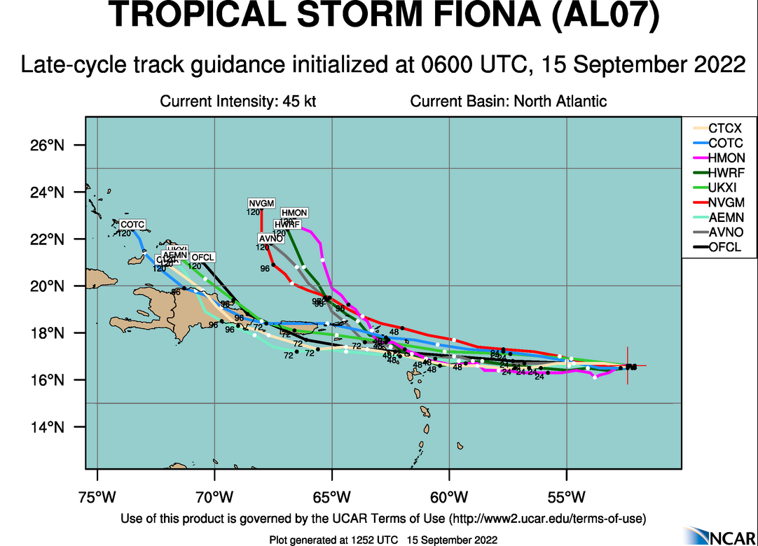 Five day track guidance from weather model output. Tracks that curve into the Atlantic earlier in the forecast are representing stronger intensities of Fiona, whereas tracks moving further west represent a weaker five day forecast of Fiona.    Source: UCAR.