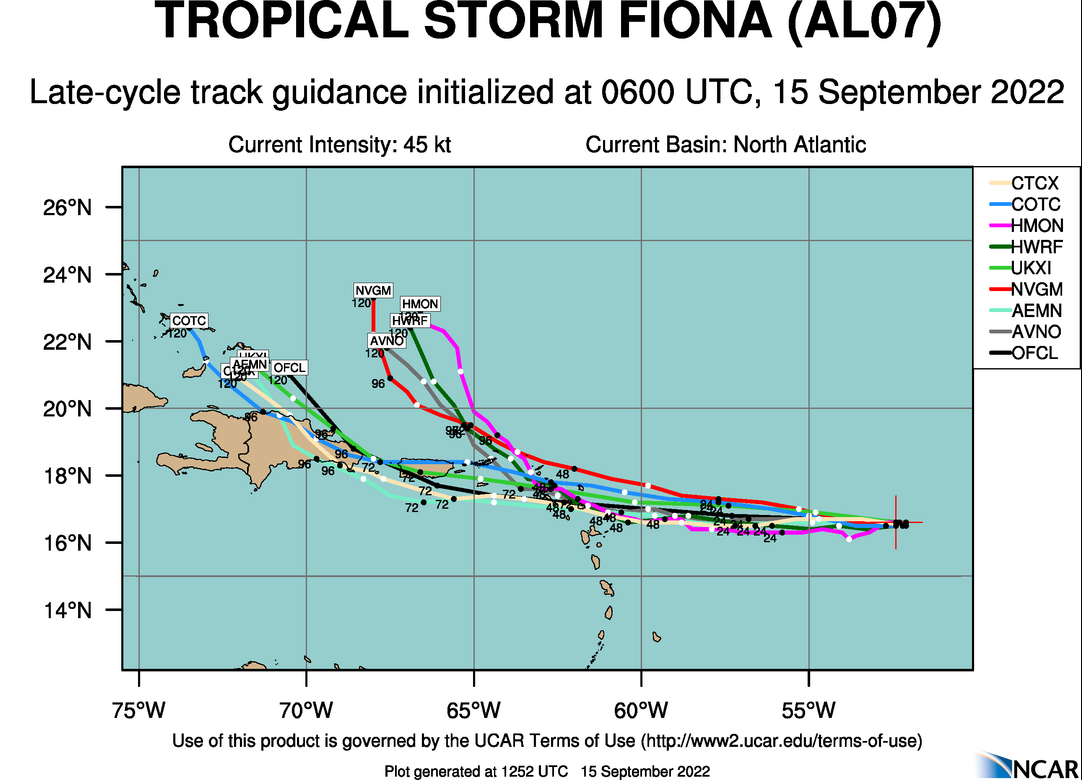 Five day track guidance from weather model output. Tracks that curve into the Atlantic earlier in the forecast are representing stronger intensities of Fiona, whereas tracks moving further west represent a weaker five day forecast of Fiona. Source: UCAR.
