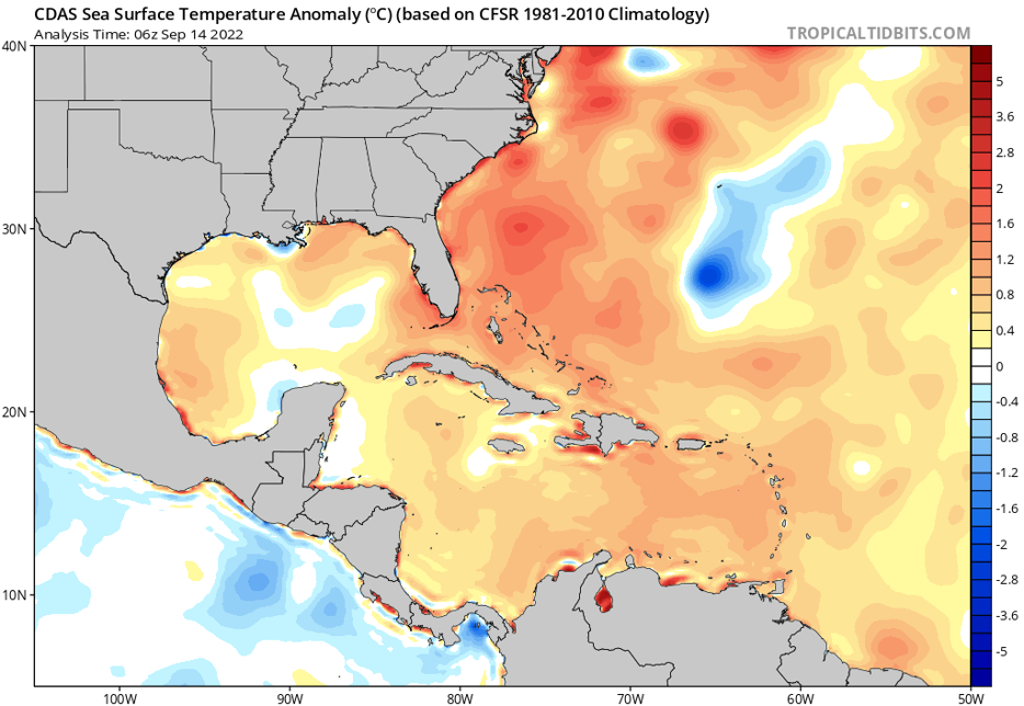 Map of sea surface temperatures anomalies. Overall, sea surface temperatures and ocean heat content remain at elevated levels, capable of supporting storm formation and hurricane possibilities in the western Atlantic, Caribbean and Gulf of Mexico. A potential longer term track of Fiona east of the Bahamas would track over well above average sea surface temperatures supportive of possible strengthening. Source: TropicalTidbits.com.