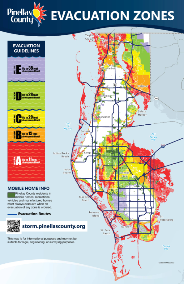 Pinellas County evacuation zones, with Zones A, B and C currently under mandatory evacuation; click the map for an interactive map platform to view other parts of Florida.  Source: Pinellas County, Florida Department of Emergency Management.