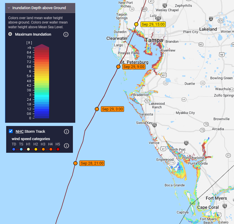 The NHC track forecast and potential inundation depth of storm surge above ground, click on map to access the latest forecast from CERA and the National Hurricane Center. Small shifts in the ultimate landfall will have pronounced impact on highest storm surge depths in various bays and estuaries along the Gulf of Mexico coastline. Source: Coastal Emergency Risks Assessment.