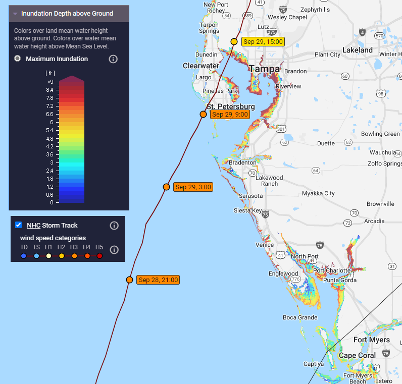 The NHC track forecast and potential inundation depth of storm surge above ground, click on map to access the latest forecast from CERA and the National Hurricane Center.  Small shifts in the ultimate landfall will have pronounced impact on highest storm surge depths in various bays and estuaries along the Gulf of Mexico coastline. Source: Coastal Emergency Risks Assessment.